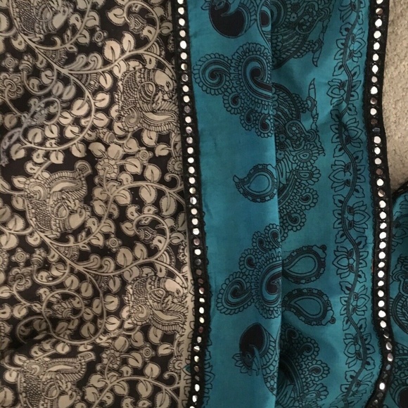 Stunning ! Blue, black KALAMKARI cotton blend SAREE SARI with Mirrors, tassles - Picture 1 of 8